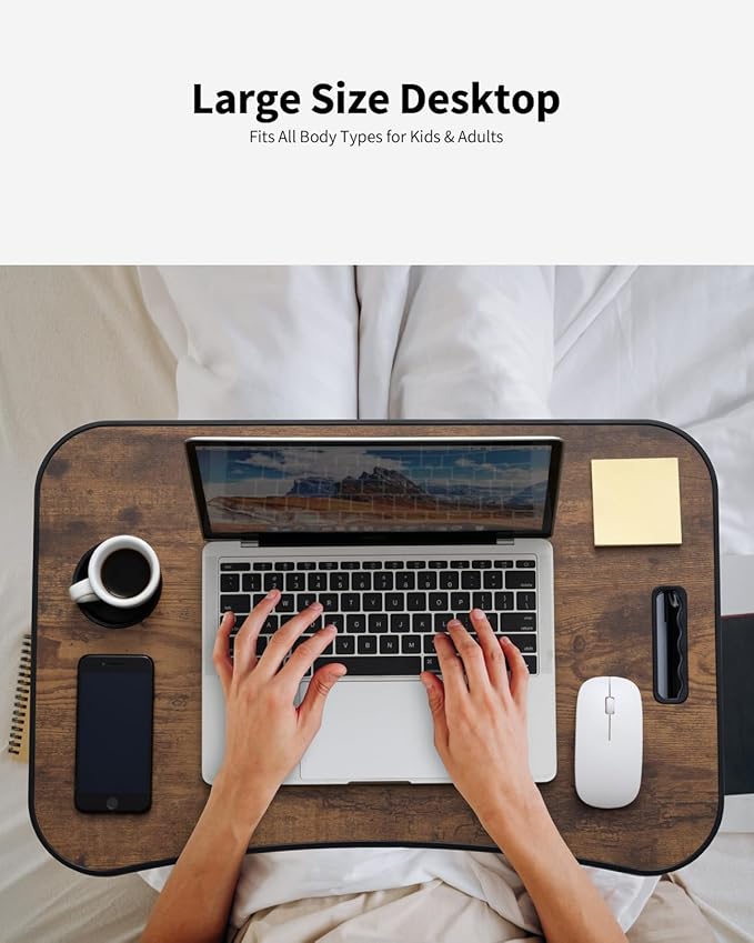 Foldable Lap Desk, Laptop Bed Desk, Portable Lap Table, Laptop Bed Table with Cup Holder & Tablet Slot & Lifting Handle for Working Writing Drawing & Eating - Rustic Brown