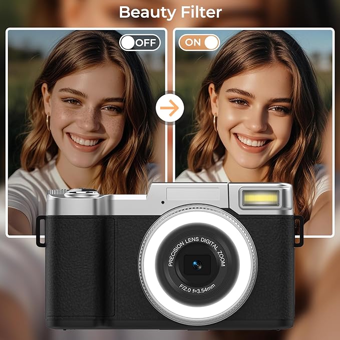 4K Digital Camera for Photography 64MP Vlogging Camera for YouTube with Flip Screen Point and Shoot Camera for Teens with Built-in LED Selfie Light Compact Camera for Beginners with Batteries