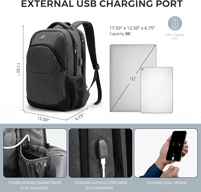 Swissdigital Design Travel Laptop Backpack for Men and Women, College Backpack with USB Charging Port for Fits 16 Inch Notebook, Grey | ANDWIL