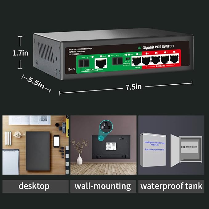 STEAMEMO 8 Port Gigabit Ethernet Unmanaged PoE Switch, 4 Gigabit PoE+ @65W Built-in Power, 2 Uplink Gigabit Port + 2 SFP Slot, VLAN Mode, 802.3af/at, Desktop/Wall-Mount, Plug & Play