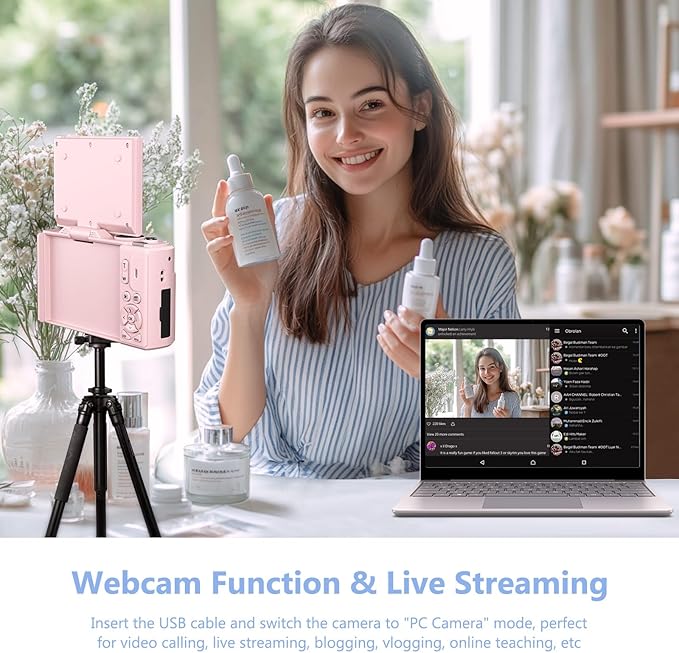 4K Digital Camera for Photography, 64MP Vlogging Camera for YouTube with 3" 180° Flip Screen, 18X Digital Zoom Point and Shoot Camara with 32GB Micro SD Card for Beginner (Pink)