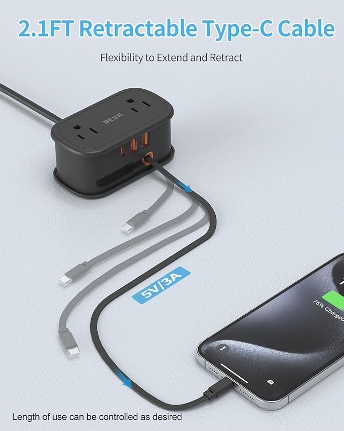 Travel Power Strip, BEVA 5ft Flat Plug Extension Cord with Retractable USB C Cable, Portable Power Strip Flat Plug 2 Outlets 3 USB Ports, Compact for Travel Hotel Cruise Essentials (Black)