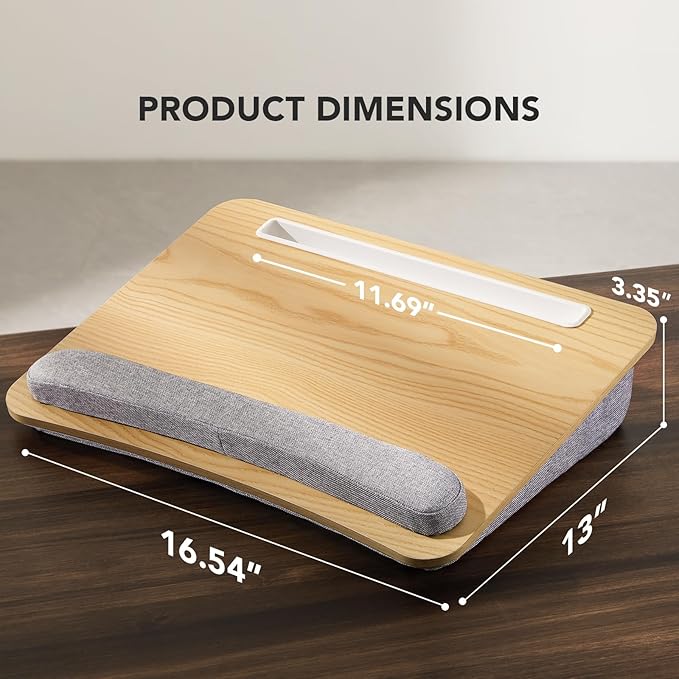 HUANUO Lap Laptop Desk - Portable Lap Desk with Pillow Cushion, Fits up to 15.6 inch Laptop, with Anti-Slip Strip & Storage Function for Home Office Students Use as Computer Stand - Light Wood