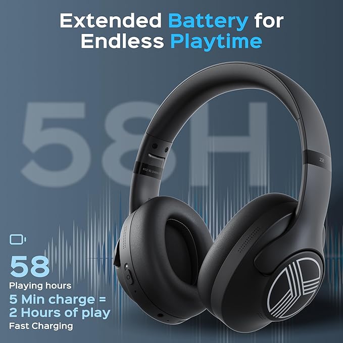 TREBLAB Z2 Hybrid Active Noise Cancelling Workout Headphones - Signature-HD Sound, Deep Bass, 58H Battery, Comfortable, Foldable Over Ear Bluetooth Headphones Wireless w/Mic for Calls for Gym, Sport