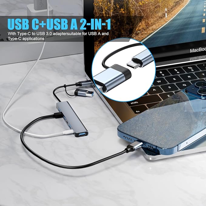 【Upgrade】 USB C/USB Hub, BERLAT Aluminum 7 in 1 USB C & USB Hub with USB 3.0, USB 2.0 Ports for PC/Laptops/MacBook Pro/Air/iMac/iPad and More Devices