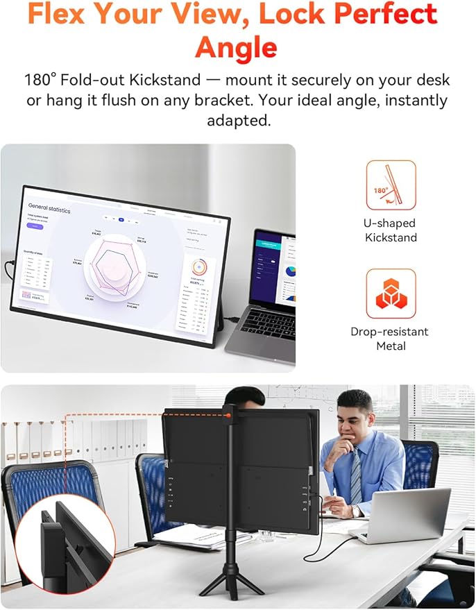 HotYeah 23.8" 100Hz Portable Monitor, 1080P FHD 100% sRGB IPS USB-C HDMI Large External Monitor, Home Gaming 2nd Screen w/180° Adjustable Kickstand for MacBook, Laptop, PC, Phone, Tablet, Switch, PS5