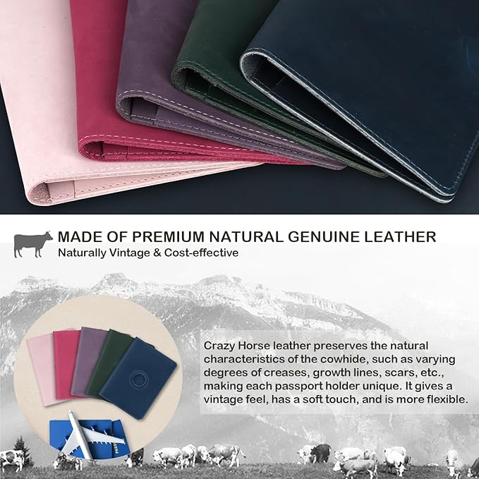 Airtag Passport Holder for Women Men Travel, Real Leather Passport Wallet, Handmade Passport Cover Case with Airtag Slot, Travel Must Haves Essentials Accessories Birthday Gifts (Crazy Horse, Blue)