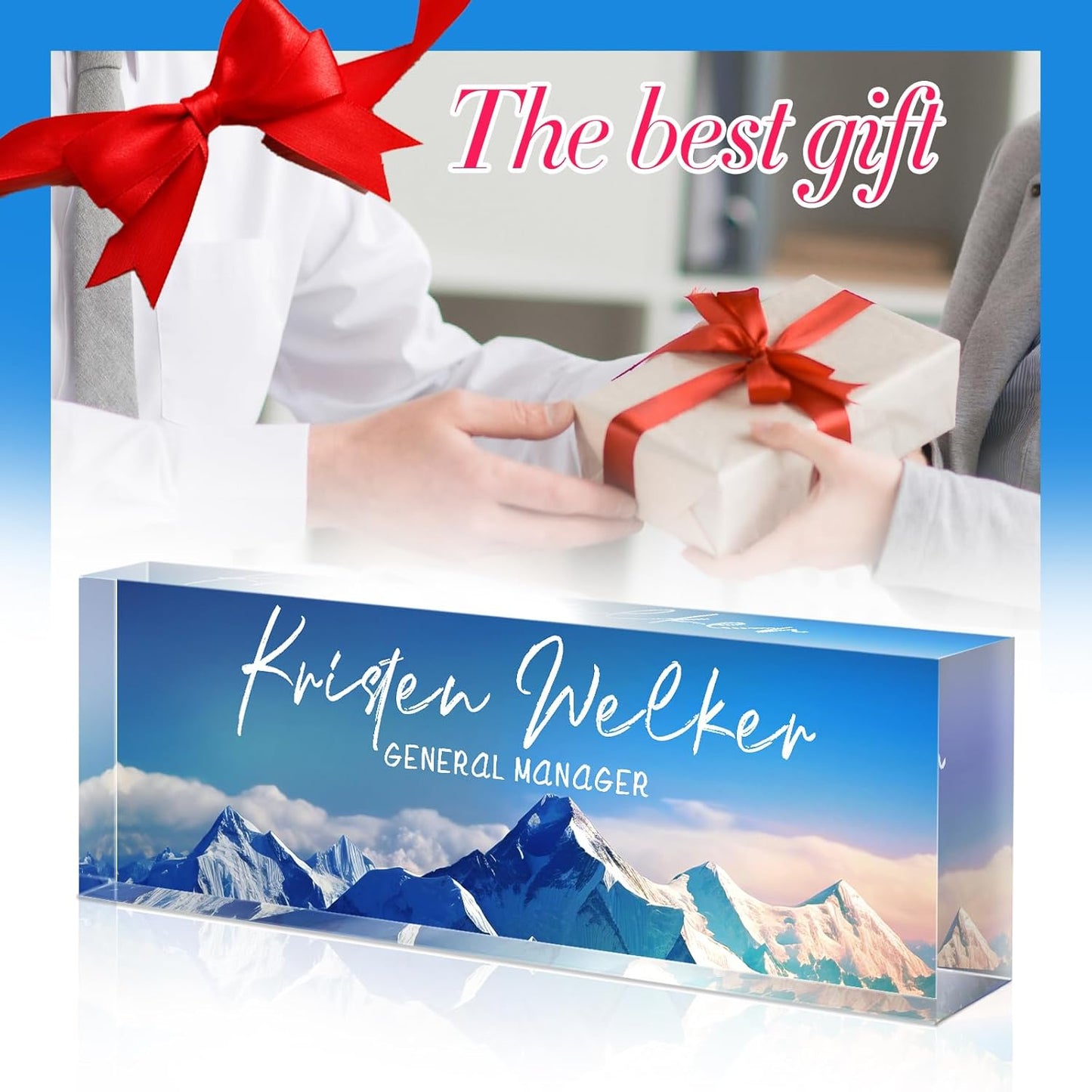 Personalized Name Plate for Desk - Custom Engraved Name Plates for Man - Boss Day Gifts for Boss - Acrylic Office Decor Appreciation Gifts for Teacher Nurse Coworker Social Worker (Blue Mount)