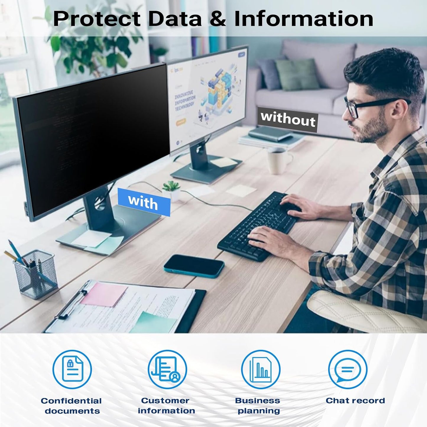 FILMEXT [2023 Upgrade 27 Inch Removable Privacy Screen Filter for 16:9 All-in-One Desktop/Frameless Computer Monitor, Bubble Free Anti Spy Blue Light Filter for Computer