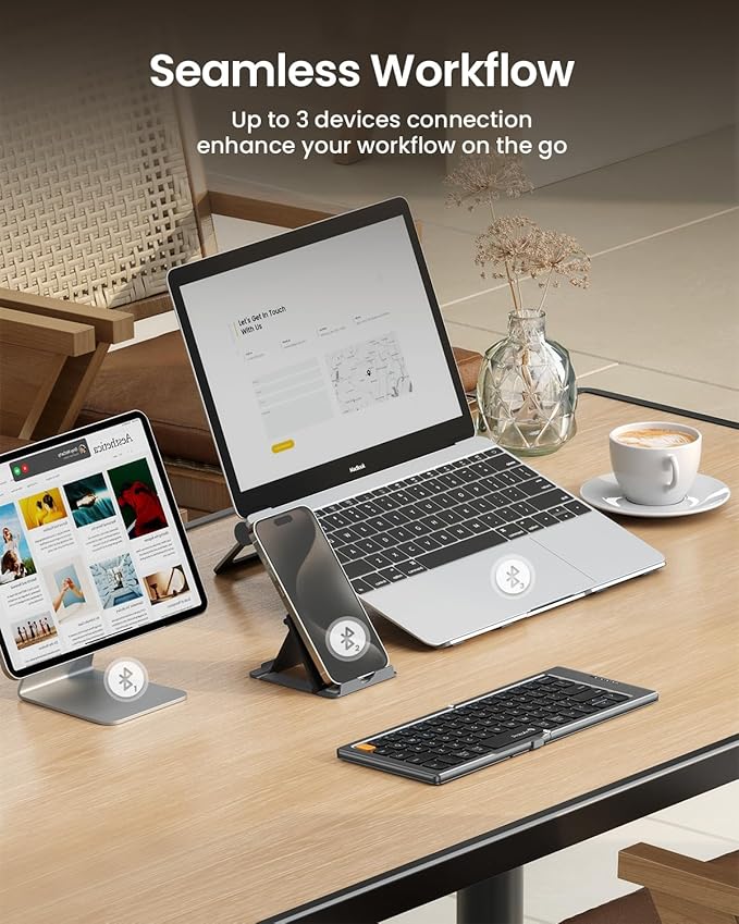 ProtoArc Foldable Compact Keyboard, XK04 Portable Bluetooth Keyboard with PU Leather Cover, Pocket-Sized Wireless Travel Keyboards for iPad, iPhone, Smartphone, Tablet and Laptop- Gray