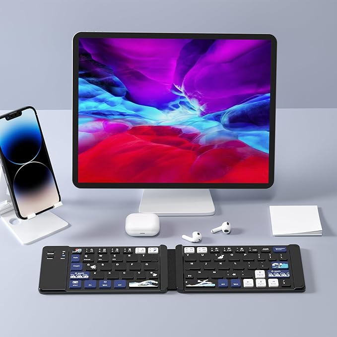 OHY XVX WK60 Foldable Bluetooth Keyboard for iPad, iPhone, MacBook, Android & Windows, Japanese Kanagawa Wave Art Design,Ultra-Portable Wireless Keyboard with Bluetooth 5.0 & 20H Battery - Black