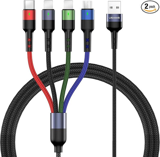 USAMS 2Pack Multi Charging Cable Charger Cord Nylon Braided 10ft/3m 4 in 1 USB Adapter with IP/Type C/Micro Connector for Phone/Galaxy and More