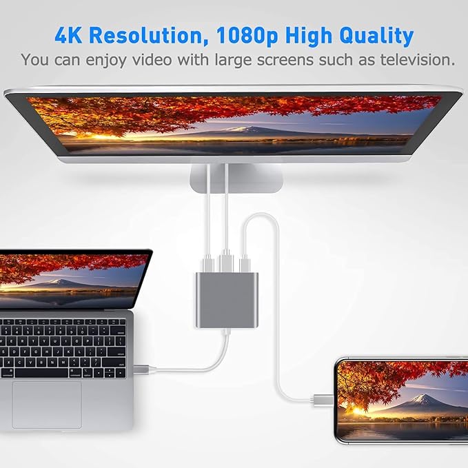 3 in 1 USB C to HDMI Adapter, Type C to 4K HDMI Adapter with 100W PD & USB 3.0 Port, Multiport Hub Compatible with MacBook Pro, iPad Air, iPhone 15/16, Laptop, TV, Switch, Monitor and More