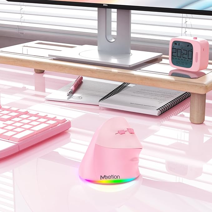 MEETION Ergonomic Mouse, Wireless Vertical Mouse RGB Backlit Rechargeable Mice for Bluetooth(5.2 + 3.0) USB-A with Type-c Adapter 4 Adjustable DPI Compatible Mac/Windows/Andriod/PC/Tablet/iPad Pink