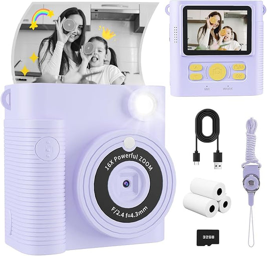 Kids Camera Instant Print, Christmas Birthday Gifts Girls Boys Aged 3-12, HD Digital Video Cameras Toddler, Instant Cameras for 3 4 5 6 7 8 9 10 Year Old Girls Boys with Print Paper