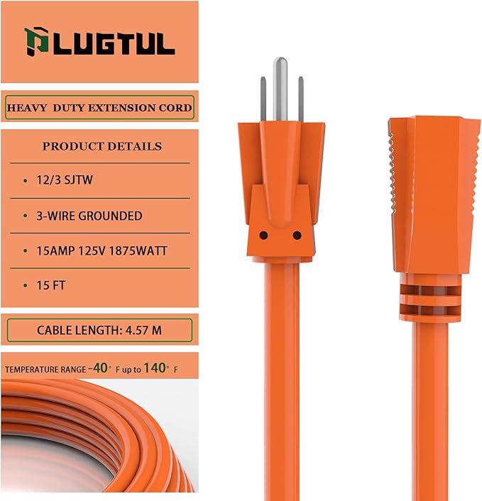 PLUGTUL 12/3 Outdoor Extension Cord 15 FT Waterproof, Heavy Duty 12 Gauge SJTW Extension Cord, 15A 1875W, ETL Listed, Great for Garden and Home, Orange