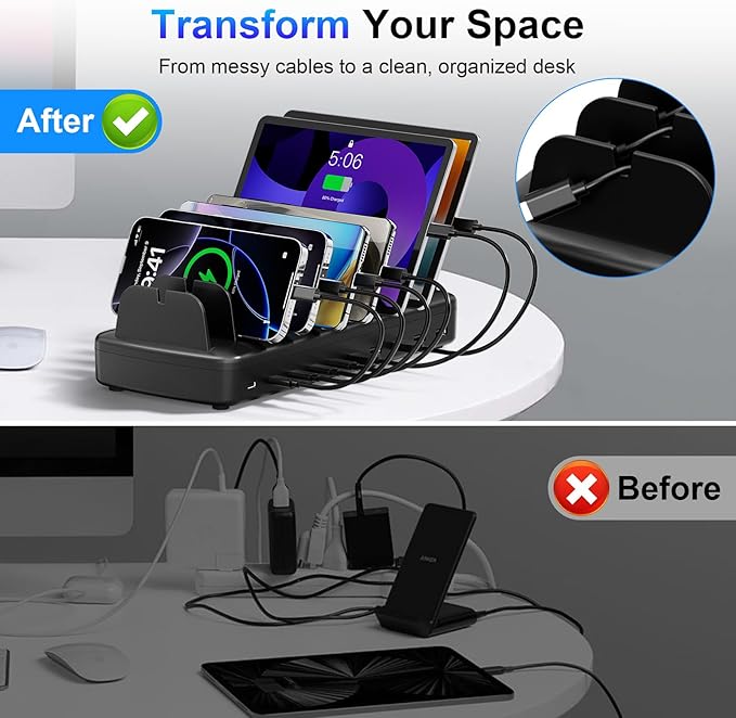 260W Cell Phone Charging Station for Multiple Devices, 10-Port USB C Fast Charger Hub for MacBook, iPhone, Android, iPad, Tablet, Kindle, Family Multi-Device Organizer Charging Dock, White (Black)