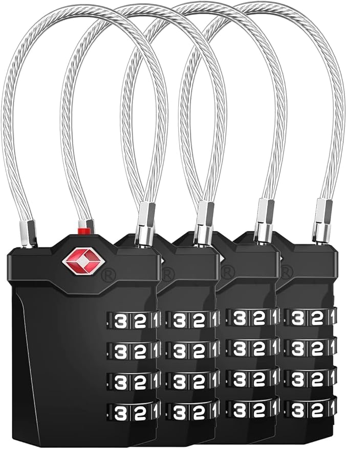 ZHEGE Travel Locks, TSA Approved Locks for Luggage, 4 Digit Cable Lock with Inspection Indicator for Luggage Suitcase, Backpack, Baggage, Easy to Read（4 Pack, Black）