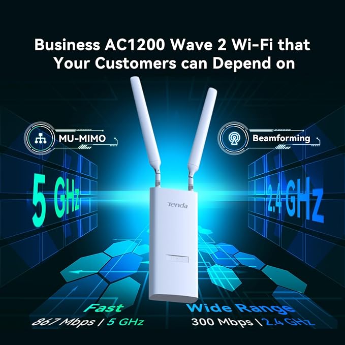 Tenda AC1200 Dual-Band Outdoor Wi-Fi Access Point (OAP1200), MU-MIMO, IP65 Waterproof, PoE Powered, Ideal for Backyard and Garage