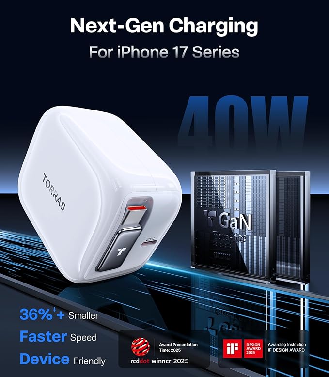TORRAS FlexLine 40W for iPhone 17 Charger, Fast Charging Retractable USB C Charger Block with Cable, Dual-Port GaN Ⅲ Type C Adapter for iPhone 16 Pro Max/iPhone 16/iPhone 15 with Foldable Plug