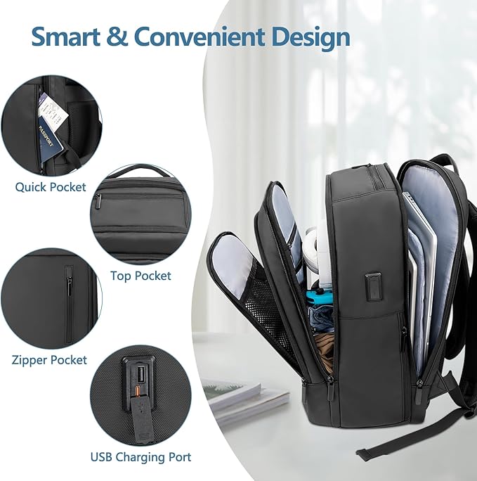 Laptop Backpack for Men Business Travel Laptop Backpack with USB Charger Lightweight Anti-Theft Water-Resistant Fits 15.6 Inch Laptop for Travel Daily Work Office College with Small Bag-Black