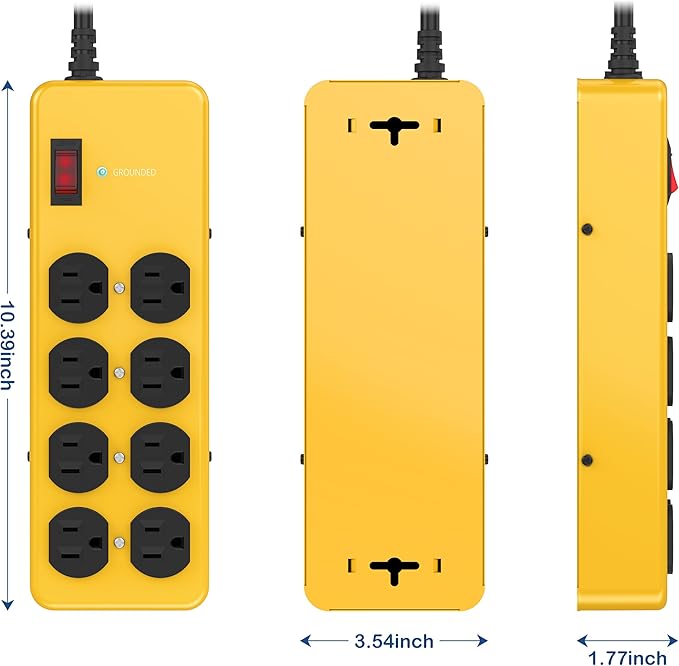 Heavy Duty Power Strip,Industrial Heavy Metal Case Surge Protector,8 AC Outlets,15Amp,2700 Joules,Protected' Indicator,14 Gauge Cord (Yellow, 10FT Length)