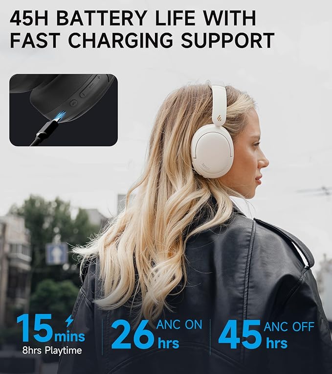 Edifier W800BT Pro Hybrid Active Noise Cancelling Headphones - Hi-Res Audio - AI Call Noise Cancellation - 45H Playtime - Fast Charging - Foldable - Wireless Over-Ear Bluetooth 5.4 Headphones - Ivory