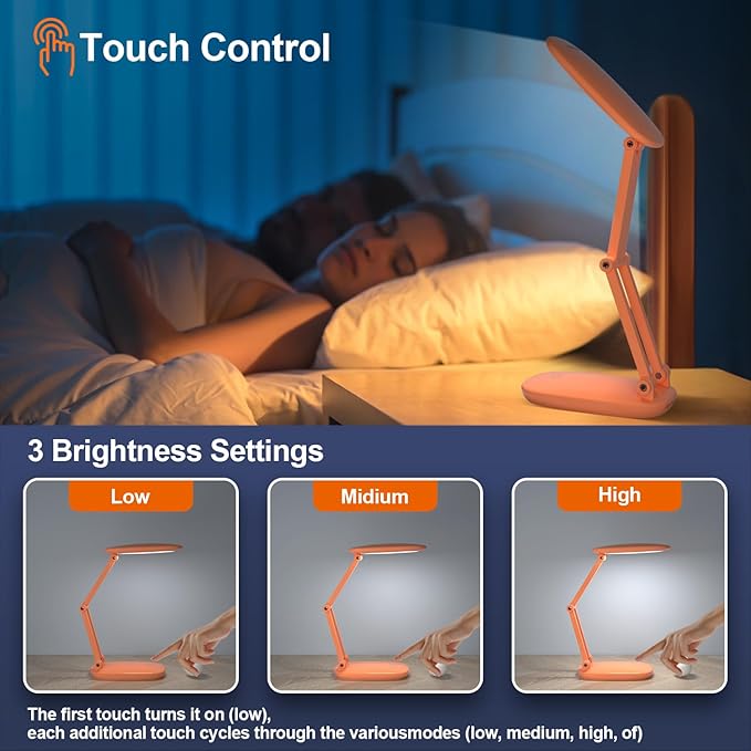 LED Desk Lamp for Office Home & Battery Operated Lamp Rechargeable Lamp Foldable & Portable Light, [2-Fold Bracket] 3 Brightness Dimmable Small Desk Lamp Wireless Reading Lamp (Orange)