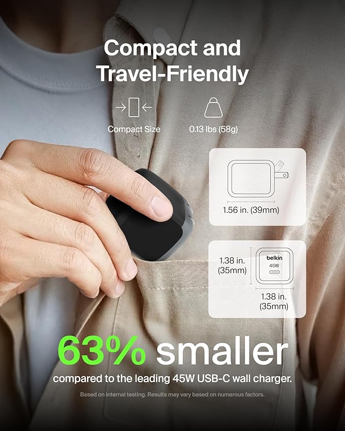 Belkin USB C Charger Block 45W - PD3.1 PPS Super Fast Charging - Samsung Galaxy S25, S24, Apple iPhone 17, Air, Pro, Pro Max, AirPods, Apple Watch, Google Pixel 10, Nintendo Switch, etc - Black