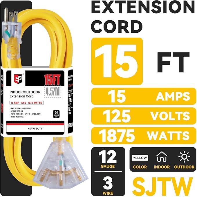 EP 15 Ft 12 Gauge Heavy Duty Extension Cord, 15A 125V 1875W, 3 Outlet Indoor/Outdoor Power Cord with Lighted End, 12/3 SJTW Weatherproof Yellow, UL Listed