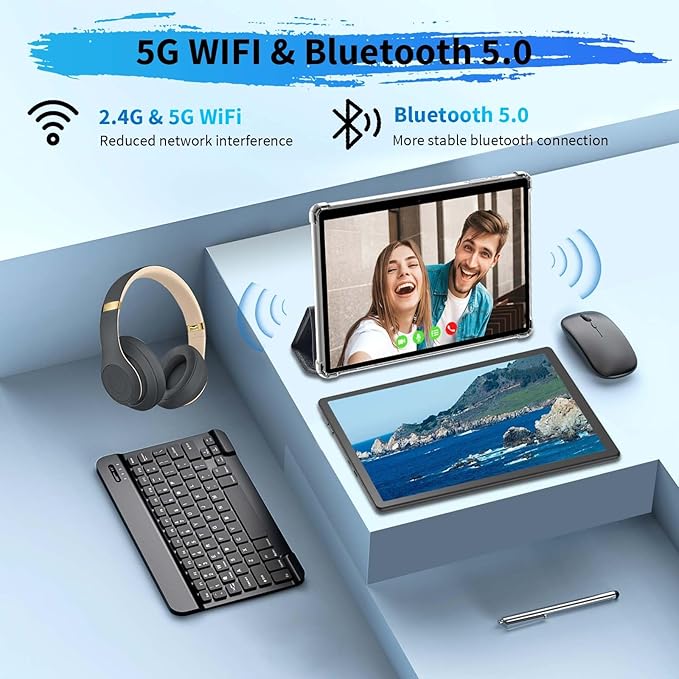 Android 15 Tablet with Keyboard, 26GB RAM+256GB ROM(2TB Expand), 10 inch Tablet with 8000mAh Battery, 2.4G/5G WiFi, 5MP+13MP Dual Camera, Widevine L1, GMS Certified, Mouse, Case, Stylus(Black)