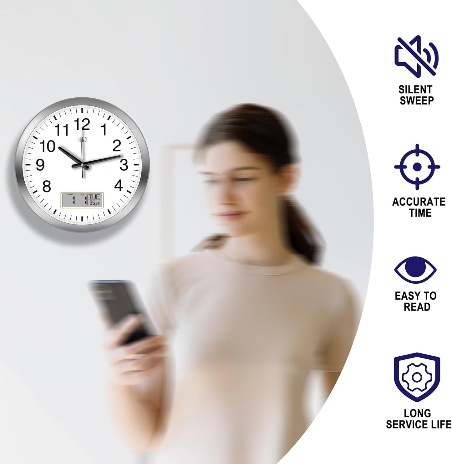 HITO 16 Inch Silent Wall Clock Battery Operated with Temperature and Date, Large Wall Clock for Living Room Decor, Office, Classroom, Bedroom