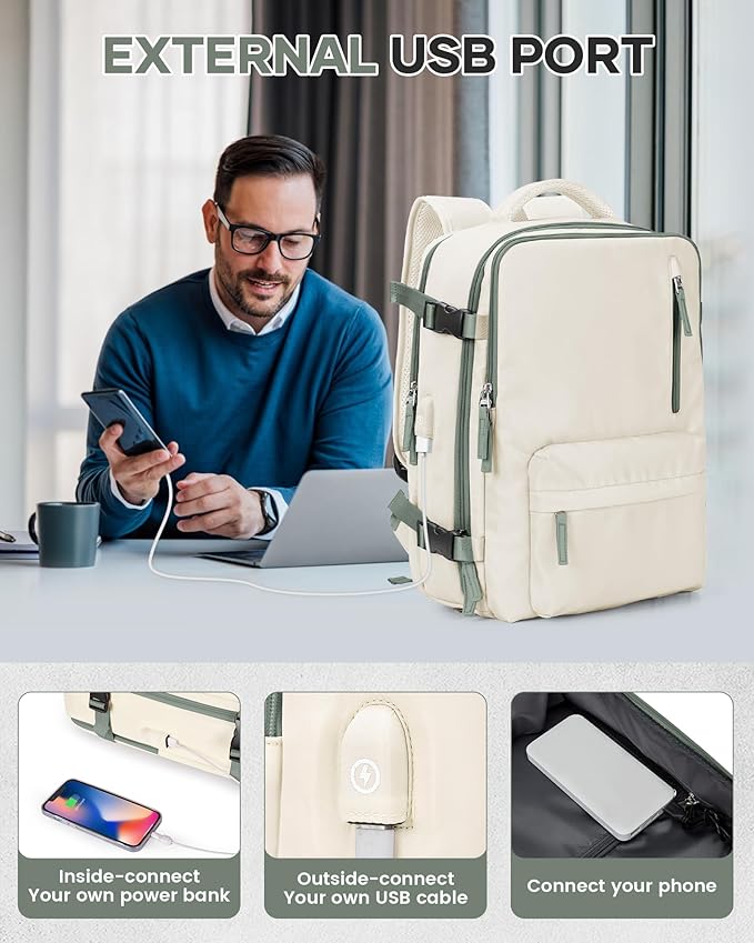 Vacuum Travel Backpack with Pump for Women, Personal Item Carry on Backpacks Flight Approved 18x14x8 inches for Men,Laptop Waterproof Work Compression bags Casual Daypack BeigeGreen