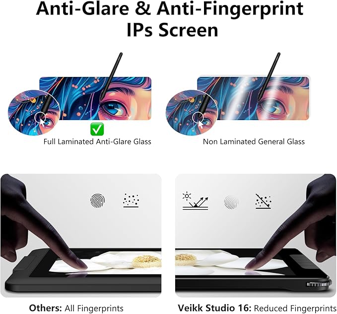 VEIKK Studio 16 Drawing Tablet with Screen, 15.6 Inch Pen Display Full-Laminated Anti-Glare Glass (125% sRGB)，16384 Pressure Battery-Free Pen (2 Pcs), 5 Shortcut Keys and Quick Dial, Adjustable Stand