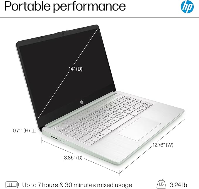 HP 14" Laptop 2025 Business Student Slim Computer, Lifetime MS Office, Copilot AI, Quad-Core Intel CPU, 16GB RAM, 628GB Storage (128GB UFS+500GB Ext), MarxsolAccessory, Wi-Fi 6, Win 11 Pro, Green