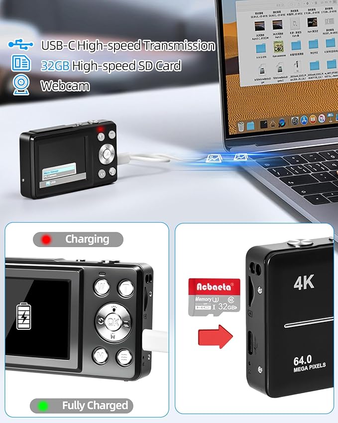 4K Digital Camera for Photography, Autofocus 64MP Vlogging Camera, 32GB TF Card, 2.8'' LED Screen, 18X Zoom, Anti-Shake, Portable YouTube Point and Shoot Digital Cameras for Kids Teens Adult Beginner