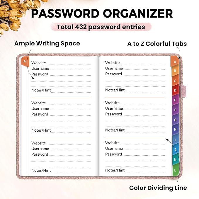 SUNEE Password Keeper Book with Colorful Alphabetical Tabs, Small Pocket Password Book for Internet Website Address Login, Gifts for Home and Office, 4''x 6''- Rose Gold