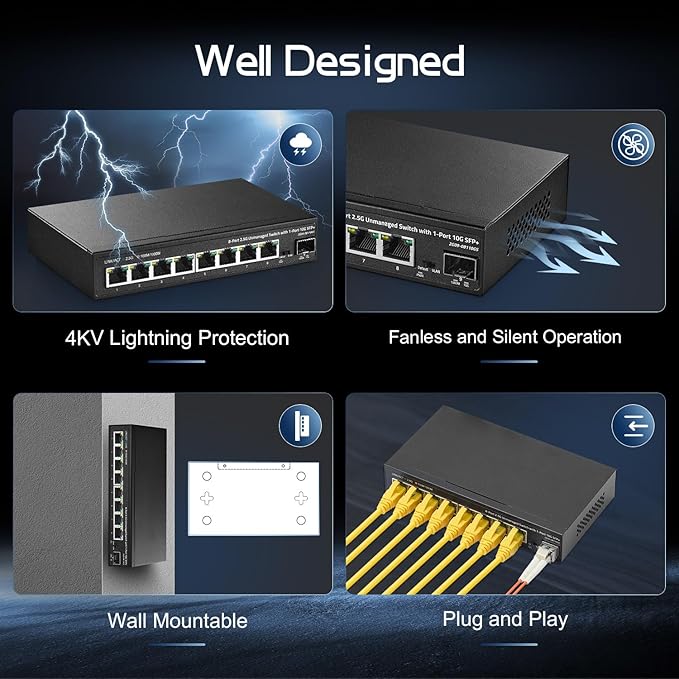 Binardat 8 Port 2.5G Unmanaged Switch, Metal Case, 10G SFP+, RJ-45 Base-T, Desktop/Wall-Mount, Multi-Gigabit Ethernet, for Home/Office Use