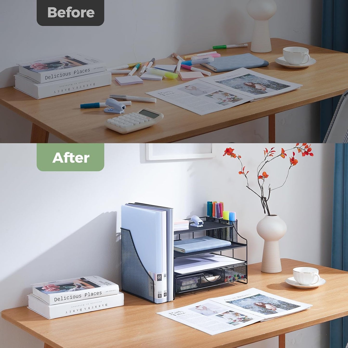 Desk Organizers and Accessories, 4 Tier Paper Letter Tray Organizer Holder Desk Organization with Drawer, Mesh Desktop Organizer with Vertical File Holder Workspace Accessories for Office Supplies