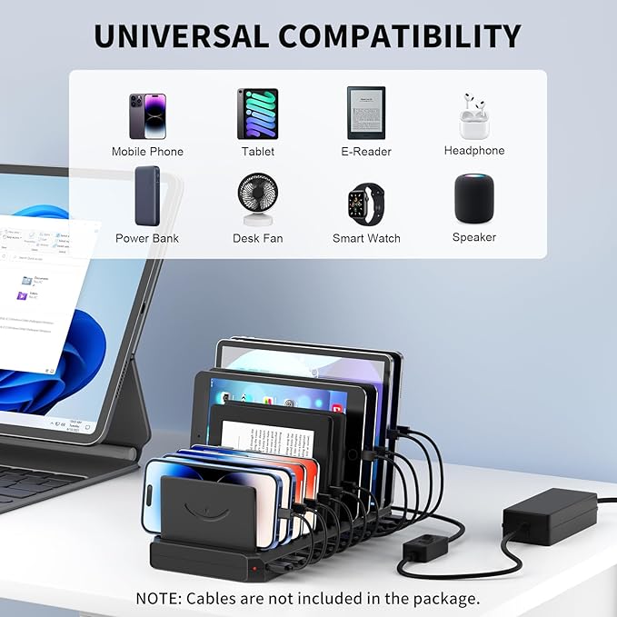 USB Charging Station for Multiple Devices, 10 Port 60W Multiple USB Charger Station with Adjustable Dividers, Fast Charging Station Hub for Hotels, Shops, Schools, Shopping Malls and Travel