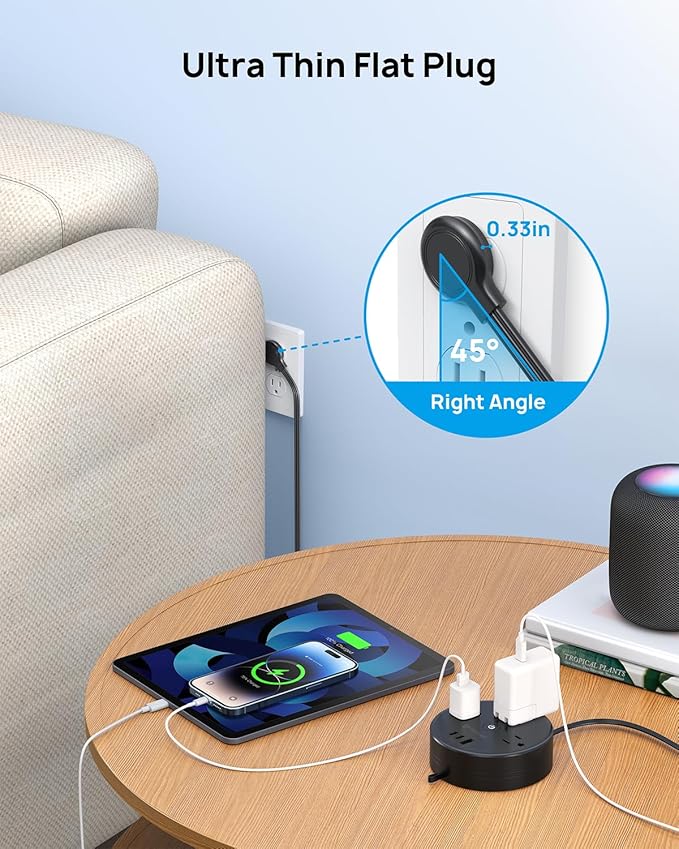 TROND Power Strip Flat Plug - Extension Cord 10FT Semi-Retractable, Power Strip with 3 AC Outlets 3 USB Ports (2 USB C), Ultra Thin Flat Plug, Cruise Ship Essentials, for Home, Hotel, Office