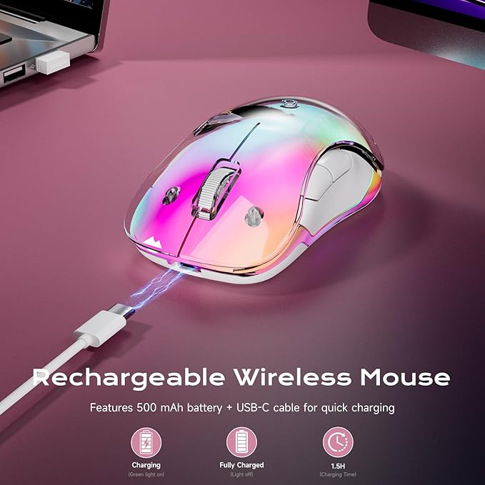 memzuoix 2.4G LED Wireless Mouse, Rechargeable Ergonomic Mouse with Detachable Cover, 1200 DPI Portable Optical Computer Mouse with USB Receiver for Laptop, PC, Desktop and MacBook, 5 Buttons-Pink