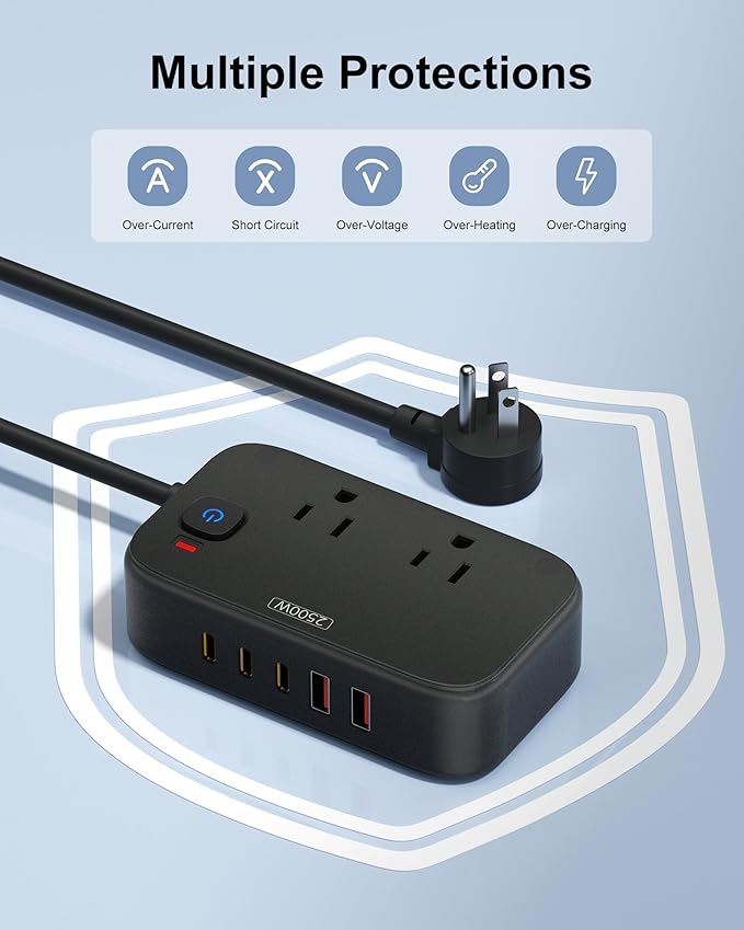 Power Strip with USB C - 40W Charging Station with 2 Outlets 3 USB A & 2 USB C - Charger for Multiple Devices, 5Ft Flat Plug Extension Cord, Non Surge Protector for Cruise Travel Office(Black)