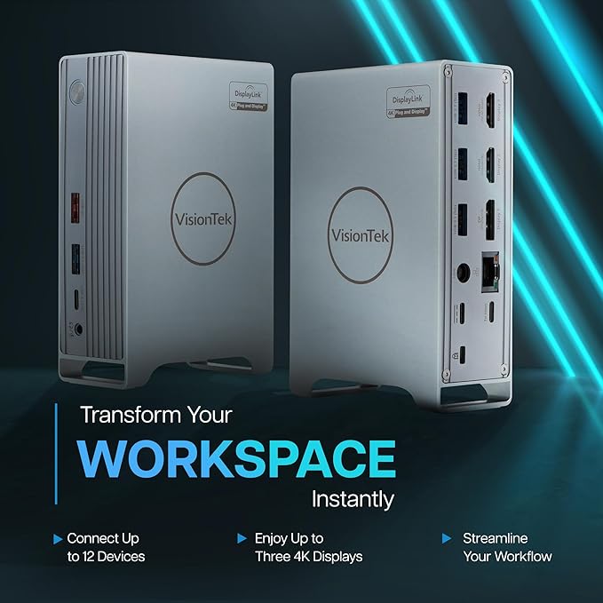 VisionTek VT7100 11in1 Docking Station Triple Monitor 4k – x2 HDMI, x1 DisplayPort, 100W PD Port, x4 3.1 USB-A, x2 USB-C, Audio Jack, & Ethernet – Compatible with Laptops and PC