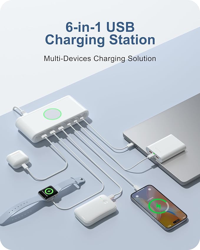 145W USB C Charging Station for Multiple Devices,6 Port USB C Hub Charger,Multi USB Charger Block for Laptop MacBook,HP,iPad,iPhone,Samsung(NOT Wireless)