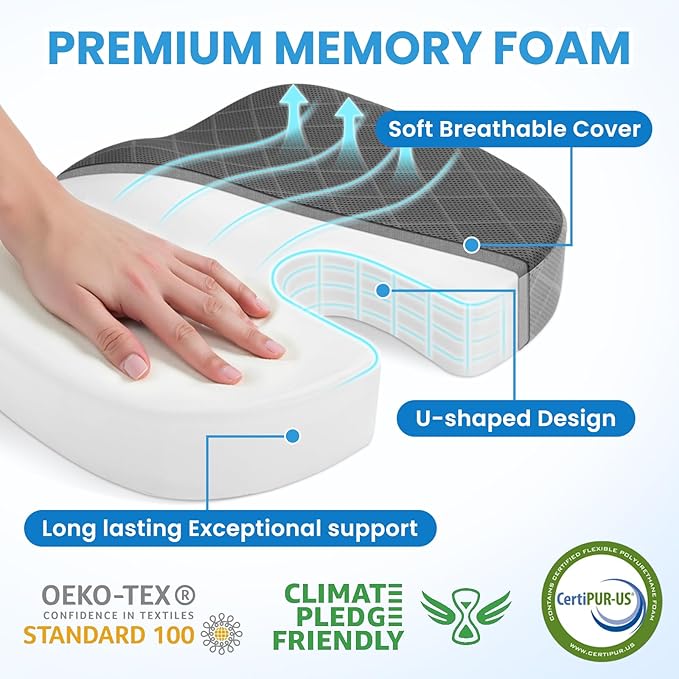 TushGuard Office/Car Seat Cushion, Non-Slip Sciatica & Back Coccyx Tailbone Pain Relief Chair Pad, Memory Foam Butt Pillow for Computer Desk, Wheelchair, Driving (Black&Grey, XX-Large)