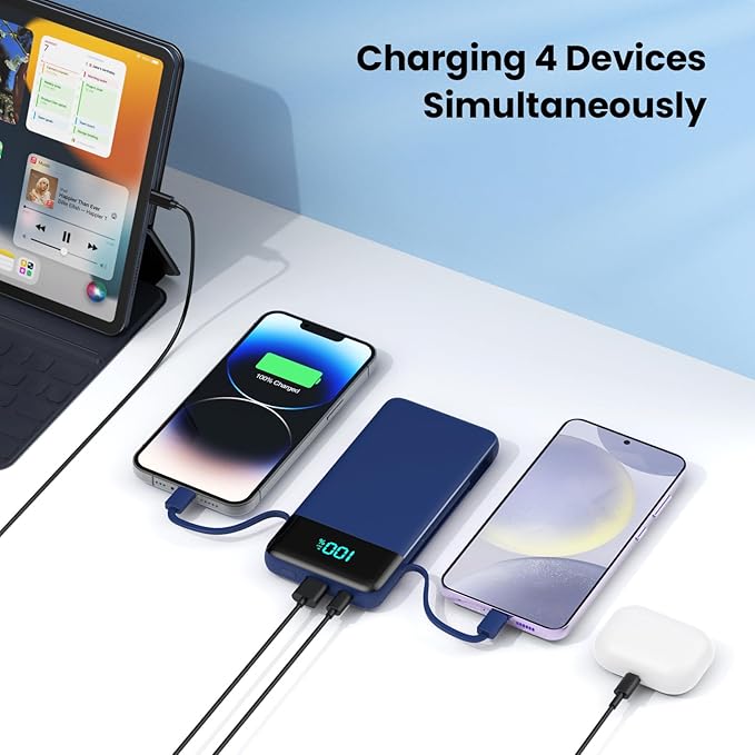 Portable Charger 13800mAh Power Bank with Built-in Cables,LCD Display Fast Charging USB C Battery Pack,4 Outputs Travel Essential Portable Phone Charger for iPhone 16/15/14/13,Android (Navy Blue)