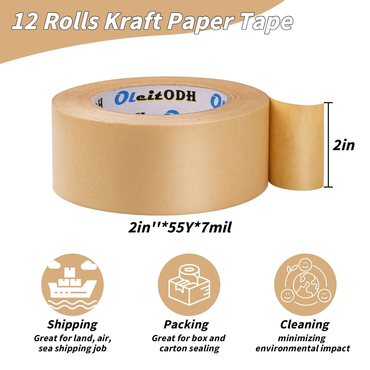 12 Pack Brown Paper Packing Tape, Kraft Paper Tape Bulk 2" x 55 Yardx 7 mil Gummed Tape for Marking, Sealing Box, Masking, Shipping, Strong Adhesive Easy-to-Tear Waterproof Tape