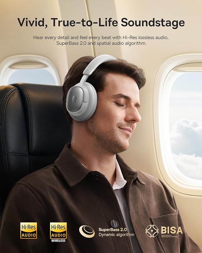 Baseus Bowie MH1 Adaptive Active Noise Cancelling Headphones, Real-Time Adaptive Hybrid ANC, SuperBass 2.0, LDAC Hi-Res Sound, 80H Playtime, Comfortable Fit, Clear Calls, Bluetooth 6.0 -Frosted Gray