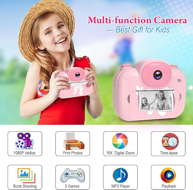 Kids Camera Instant Print, 3.5'' Kids Digital Camera Instant with 1080P HD Photos & Videos, Christmas Birthday Gifts for Girls Boys Age 3-12 (Pink)